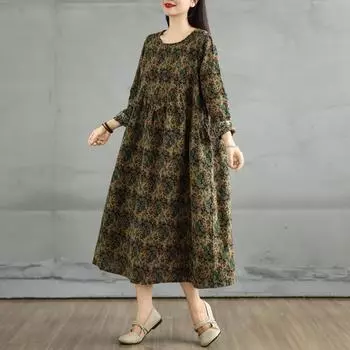DIMANAF 2025 Women Plus Size Spring Long Dress New Oversize Vintage Long Sleeve O-Neck Loose Casual Maxi Floral L зелёный