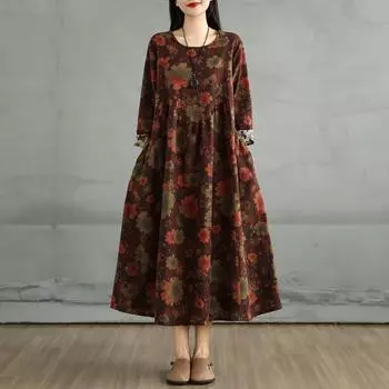 DIMANAF 2025 Women Plus Size Spring Long Dress New Vintage Long Sleeve O-Neck Loose Casual Maxi Floral L коричневый