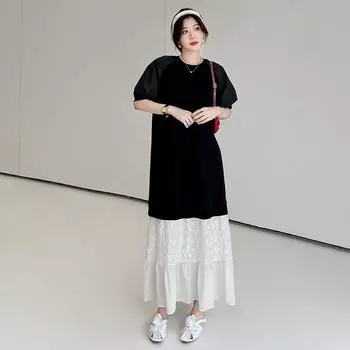 DIMANAF 2025 Women Summer Long Dress Basic Vintage Short Sleeve Shirt Dress Casual Loose Plus Size Dress L чёрный