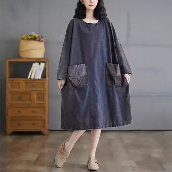 DIMANAF Plus Size 2024 Осень Женское Новое Джинсовое Платье Хлопок Повседневное Винтажное Свободное Платье Оверсайз Длинный Рукав Базовый L синий