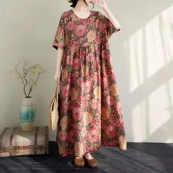 DIMANAF Plus Size 2025 Summer Long Dress Women Basic Floral Vintage O-Neck Beach Casual Dress Loose Dress One Size красный
