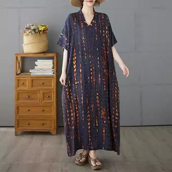 DIMANAF Plus Size Новое летнее платье с принтом 2025 года для женщин, базовое винтажное пляжное повседневное длинное свободное платье с V-образным вырезом One Size темно-серого