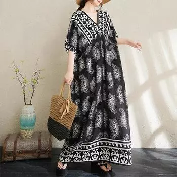 DIMANAF Summer Women New 2025 Basic Plus Size V-Neck Dress Casual Linen Short Sleeve Dress Loose Printing Dress One Size чёрный