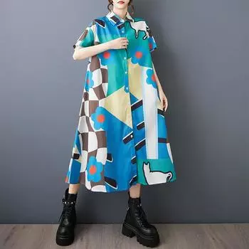 DIMANAF Summer Women New 2025 Basic Plus Size Shirt Dress Casual Short Sleeve Buttons Dress Loose Printing Dress One Size синий