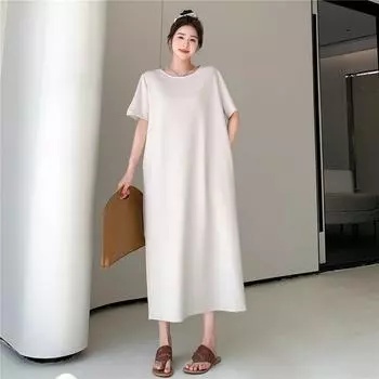 DIMANAF Women Plus Size New Summer Long Dress Solid T-Shirt Dress Loose Fashion Basic Dresses Maxi L бежевый