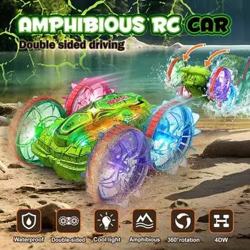 Dinosaur Fission Pattern Amphibious Car Cool Lighting Stunt Car Rotating Electric Boy Remote Control Car 1 RC синий