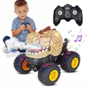 Dinosaur Remote Control Car 360 Rotating 2.4Ghz All Terrain RC Cars with Spray Light & Sound for 3 4 5 6 7 8 Year Old Boys Green