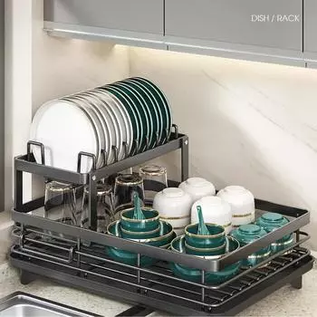 Dish Drying Rack 2Tier Plates Kitchen Organizer Dish Bowl Drainer Storage Racks with Drainage Board Adjustable Home Organization 2-tier