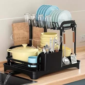 Dish Drying Rack Multifunctional Dish Rack for Kitchen Counter, Large Capacity Dish Drainer with Drainboard, Utensil Holder чёрный