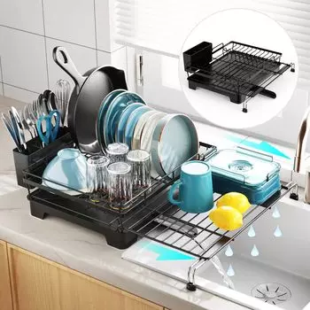 Dish Drying Rack with Drainboard-Expandable 2-in-1 Dish Racks for Kitchen Counter and Sink, Rust-Resistant Metal Dish Drainer чёрный