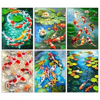 Diy 5d Kit Koi Fish Lotus Lake Картина из мозаики ручной работы Художественная картина для домашнего декора 30x40 см