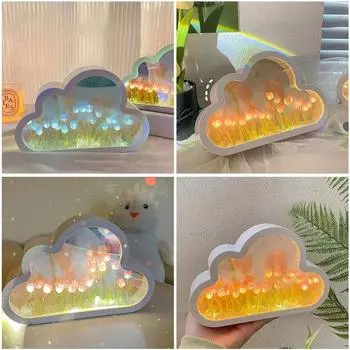 DIY Cloud Mirror Тюльпан Лампа Ночной Светильник Украшения Для Девочки Спальня Фоторамка Ручной Работы Стеклянный Прикроватный Светильник Рождественские Подарки