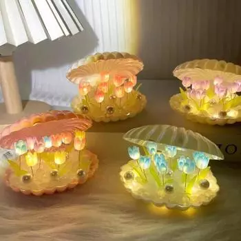 DIY Cloud Tulip LED Night Light Mirror Table Lamp Спальня Desktop Decoration Lights Прикроватные лампы для девочек День рождения Годовщина Подарок DIY