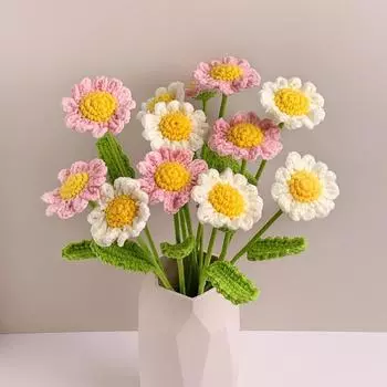 DIY Knitting Bouquet Pink Violet Sunflower Hand-Knitted Fake Flowers Knit Flower Home Wedding Party Table Crochet Floral Bouquet