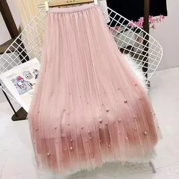 Длинная юбка Корейская мода Harajuku Kawaii Y2k Миди Макси Тюлевая юбка Весна Осень Корейская уличная одежда с высокой талией Розовая черная юбка One Size бежевый