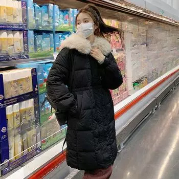 Длинное розовое стеганое пальто в корейском стиле с утолщенным пухом и меховым воротником для женщин M розовый