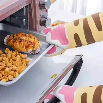 Длинные хлопковые перчатки для микроволновой печи, милые кошачьи лапки, изоляционные перчатки для духовки, термостойкие, нескользящие, одинарные перчатки, кухонные принадлежности для выпечки