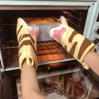 Длинные хлопковые перчатки для микроволновой печи, милые кошачьи лапки, изоляционные перчатки для духовки, термостойкие, нескользящие, одинарные перчатки, кухонные принадлежности для выпечки