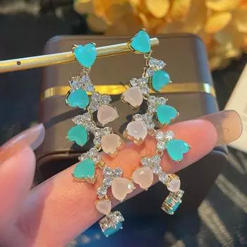 Длинные серьги из серебра 925 пробы с кубическим цирконием в форме сердца, красочные и блестящие темпераментные висячие серьги для женщин