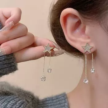 Длинные серьги с бриллиантами и кисточками в виде звезды, женские нишевые серьги-гвоздики, темпераментные, универсальные, индивидуальные серьги золотой