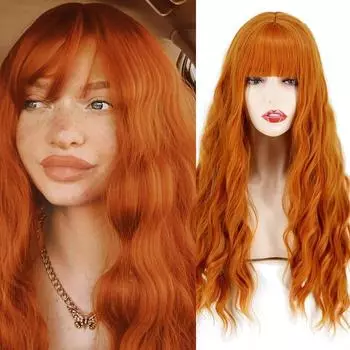 Длинный парик MERISIHAIR с челкой, волнистый оранжевый парик, парик из синтетического волокна, женский длинный парик, парик для косплея/повседневных/вечеринок 24inches