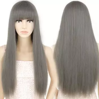 Длинный прямой парик LISI HAIR, серый с челкой, парик из синтетических волос для женщин, термостойкий парик для косплея, однотонный парик