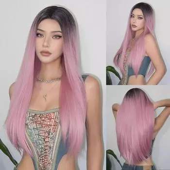 Длинный прямой парик Ombre Pink с синтетическими темными корнями, натуральные волосы, парики для женщин, косплей, Лолита, термостойкие волосы средней части