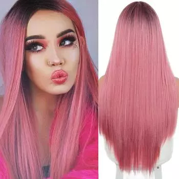 Длинный прямой парик средней точки MERISIHAIR, черно-розовый двухцветный парик, подходит для черных/белых женских повседневных париков/париков для косплея