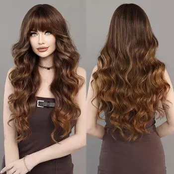 Длинный вьющийся коричневый парик Ombre Blonde для женщин, повседневные вечерние синтетические волосы высокой плотности с свободным телом, волнистые медные парики из волос с челкой MW9099-1