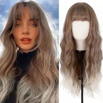 Длинный волнистый парик MERISIHAIR с челкой, светлый омбре, коричневый цвет, парик из синтетического высокотемпературного волокна для женщин, повседневная одежда 26inches