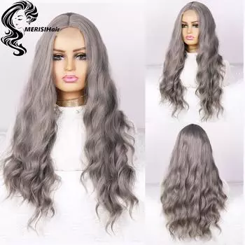 Длинный волнистый серый парик MERISIHAIR для женщин, серый с темными корнями, омбре, без челки, естественный вид, средняя часть