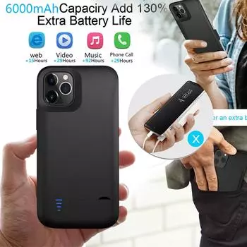 Для 12 Pro MAX 6,7-дюймовый аккумуляторный чехол, 6000 мАч, расширенное зарядное устройство, крышка питания чёрный