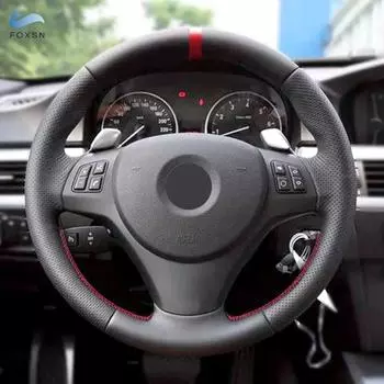 Для BMW 1 3 серии E82 E87 E90 X1 E84 old 2011-2013 Автомобильный чехол на руль, отделка, прошитая вручную, черная кожа с красной полосой