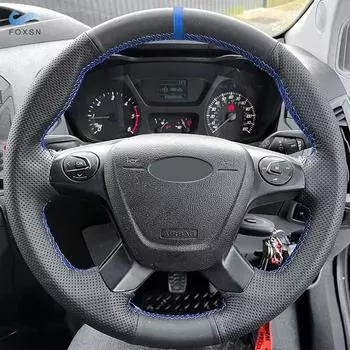 Для Ford Focus 3 2012-2014 C-MAX 2011-2014 KUGA Escape 2013-2016 автомобильный чехол на руль с отделкой из черной кожи с синей полоской
