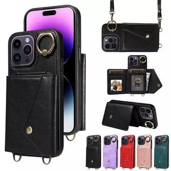 Для iPhone 14 серии. Для iPhone 14, 14 Plus, 14 Pro, 14 Pro Max плечевой ремень веревка кольцо кронштейн дизайн держатель для карт слоты чехол для телефона с узором личи iPhone 14 Plus чёрный