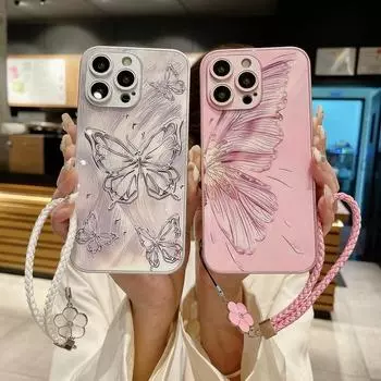 Для iPhone 15 14 13 12 Pro Max 11 Стеклянная задняя крышка телефона с бабочкой и цветочным ремешком Противоударный чехол из ТПУ iPhone 1white Pro Max розовый