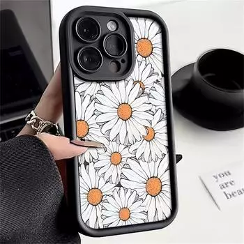 Для iPhone 16 Pro Plus 15 14 13 Pro Max 12 11 Xr Xs X 8 7 противоударный мягкий защитный чехол из ТПУ с изображением цветка маргаритки iPhone 15 чёрный