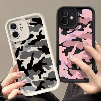 Для iPhone 16 Pro 15 14 Plus 13 12 11 Pro Max Xr Xs X 8 7 противоударный камуфляжный узор TPU мягкий защитный чехол для линз телефона iPhone 15 чёрный