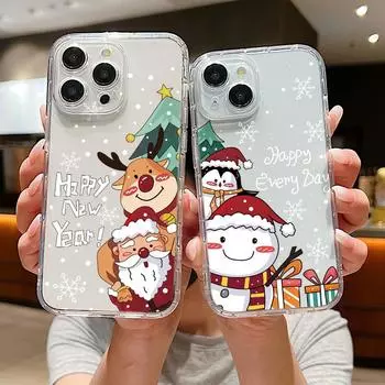 Для iPhone 15 14 Plus 13 12 11 Pro Max Xs Max Xr 8 7 прозрачный мягкий чехол из ТПУ с рисунком рождественского лося или снеговика, противоударный защитный чехол для объектива iPhone 15