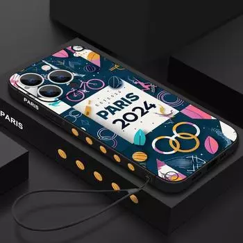 Для iPhone 16 Pro 15 14 Pro Max Plus 13 12 Mini 11 Pro Max Xr Xs X 8 7 Plus Олимпийский узорчатый защитный чехол для линз из мягкого ТПУ с ремешком iPhone 15 бежевый