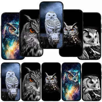 для iPhone 15 14 Xiaomi Redmi Note 13 12 11 Pro Max X 8 7 XR Samsung Galaxy A24 A15 A05 S24 S23 Huawei OPPO A38 Owl Bird черный чехол для телефона