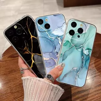 Для iPhone 15 Pro Max 14 13 Pro 12 11 чехол для телефона Роскошный противоударный глянцевый мраморный текстурированный жесткий ПК прозрачный чехол iPhone 15 чёрный