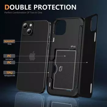 Для iPhone 15 Pro Max 14 Pro 13 12 чехол для телефона с слотом для карт противоударный гибридный чехол из ТПУ для ПК с жестким защитным чехлом при падении iPhone 15 чёрный