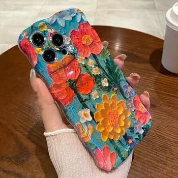 Для iPhone 15 Pro Max Чехол для телефона с масляной живописью и цветами для iPhone 12 13 14 Pro Max 12promax 15pro 13promax Мягкий противоударный бампер IMD с волнистой рамкой for iphone 11 красный
