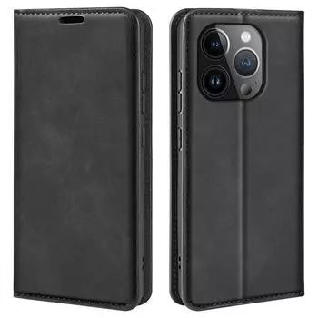 Для iPhone 15 Pro Max Чехол-книжка из ПУ кожи, противоударный, приятный на ощупь, с подставкой Black