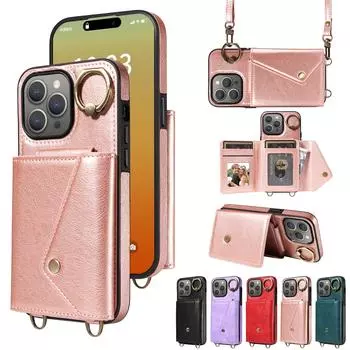 Для iPhone 15 серии. Для iPhone 15, 15 Plus, 15 Pro, 15 Pro Max плечевой ремень веревка кольцо кронштейн дизайн держатель для карт слоты личи узор чехол для телефона iPhone 15 Plus чёрный