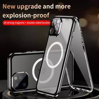 Для iPhone 16 15 14 13 12 Pro Max чехол с магнитным креплением Magsafe, совместимый с полным экраном на 360°, защитное стекло из алюминиевого сплава For iPhone 16 Pro Max чёрный