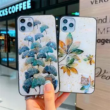 Для iPhone 16 15 14 13 12 11 Pro Xs Max Plus Роскошный силиконовый чехол для телефона с блестками, золотой фольгой, мраморным шикарным рисунком листьев и перьев, милый чехол For iPhone 16