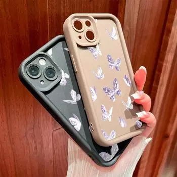 Для iPhone 16 15 14 13 12 11 Pro Max XS Max XR X SE 8 7 фиолетовый кристалл градиент бабочка мягкий силиконовый полный объектив защитный чехол для телефона iPhone 14 Plus чёрный