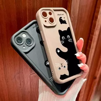 Для iPhone 16 15 14 13 12 11 Pro Max XS Max XR X SE 8 7 милый узор кота мягкий силиконовый полный защитный чехол для телефона iPhone 7 Plus чёрный
